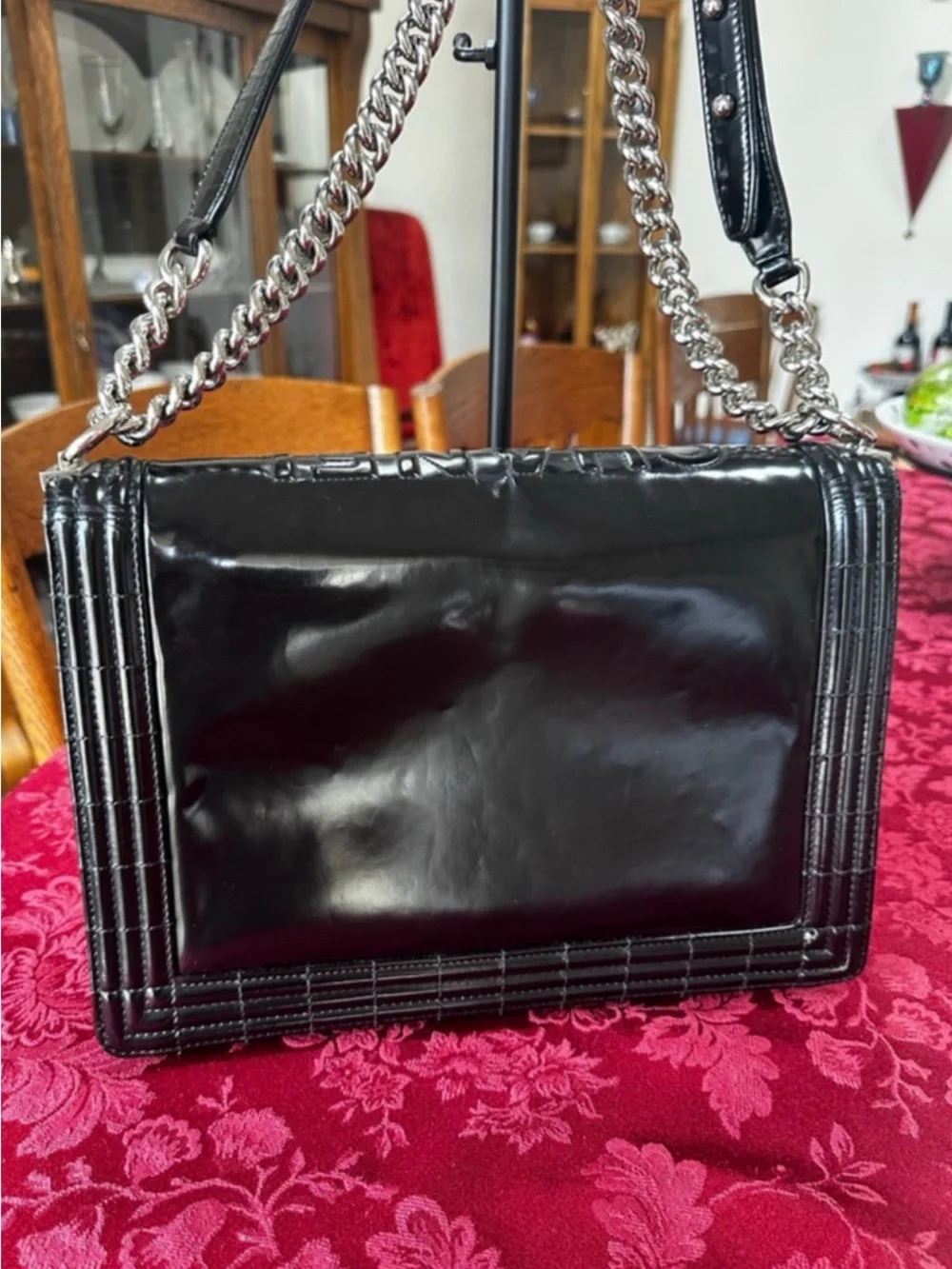 CHANEL Black Patent Leather Chain Shoulder Bag with silver hardware